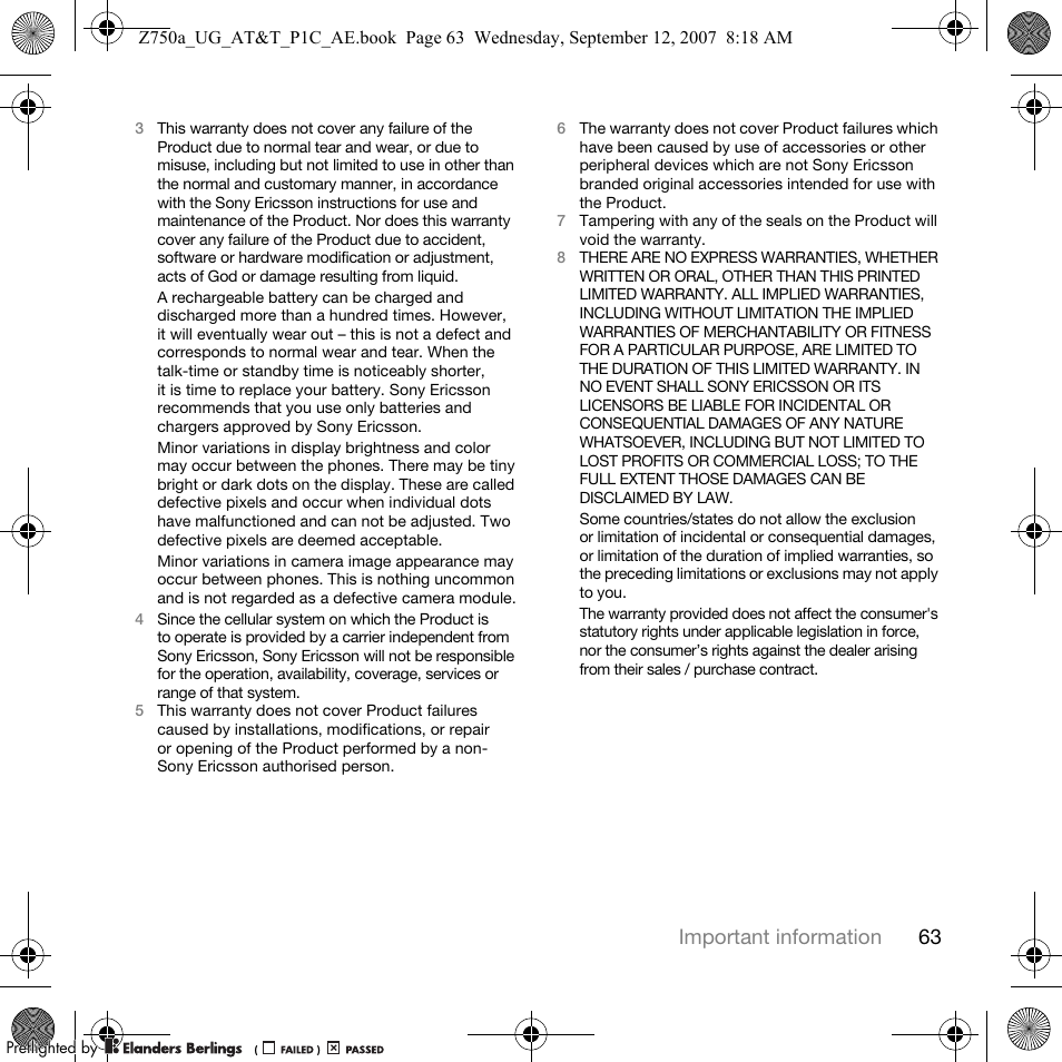 63 important information | Sony Ericsson Z750a User Manual | Page 65 / 152