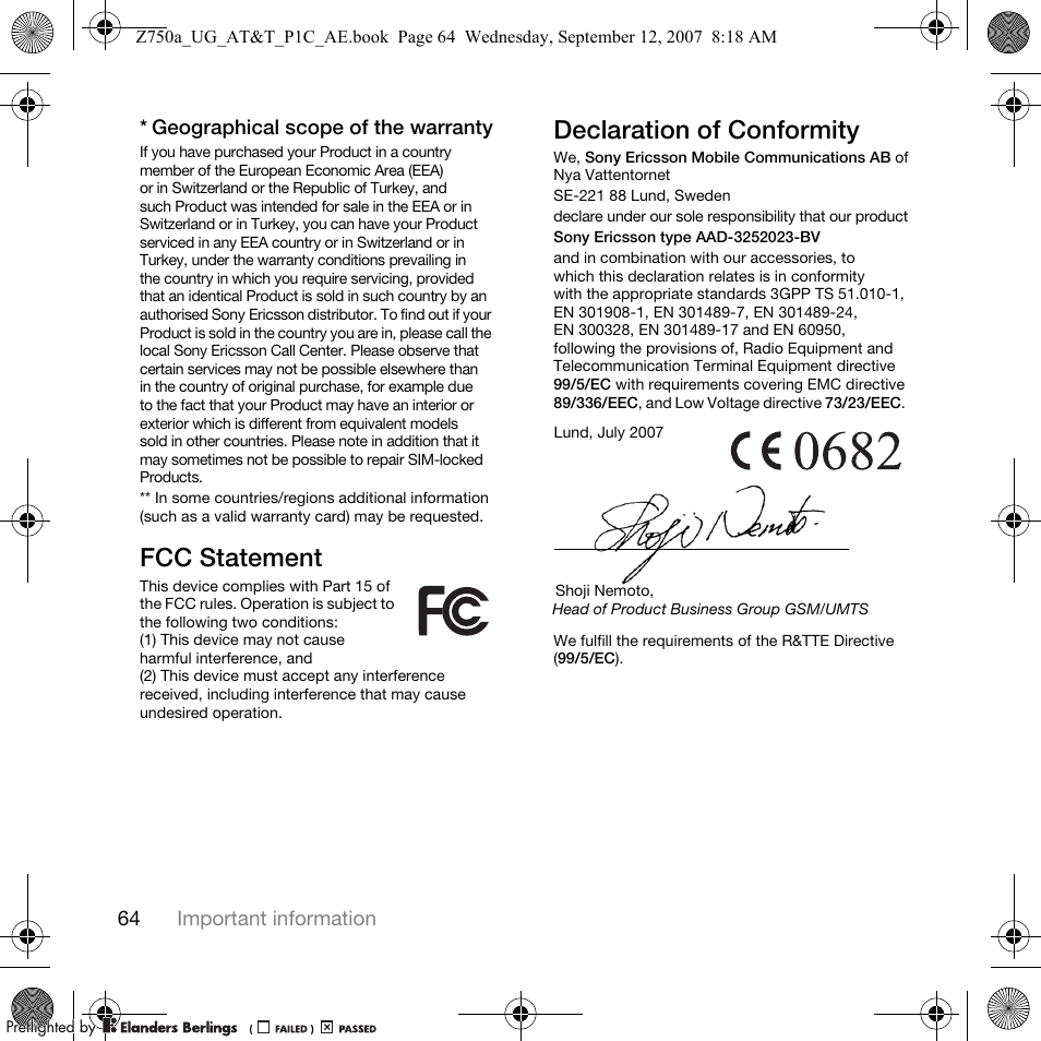 Fcc statement, Declaration of conformity | Sony Ericsson Z750a User Manual | Page 66 / 152