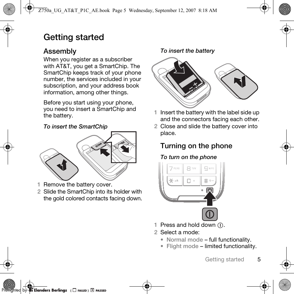 Getting started, Assembly, Turning on the phone | Sony Ericsson Z750a User Manual | Page 7 / 152