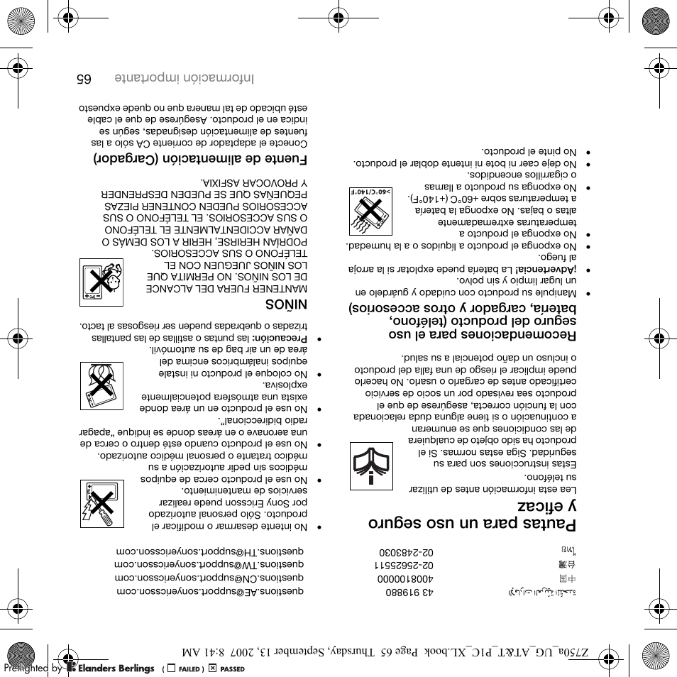 Pautas para un uso seguro ye fica z, 65 información importa nte, Niños | Fuente de ali menta ción (cargador) | Sony Ericsson Z750a User Manual | Page 86 / 152