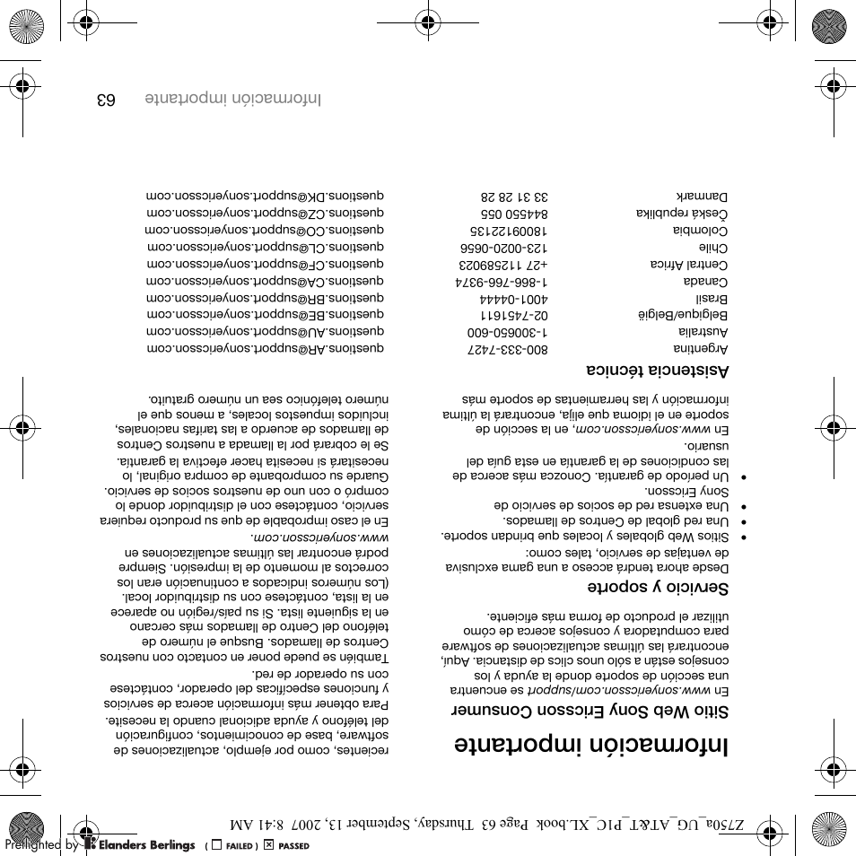 Información importante, 63 información importa nte, Sitio we b sonyericss on consumer | Servicio y soporte, Asisten cia técnic a | Sony Ericsson Z750a User Manual | Page 88 / 152