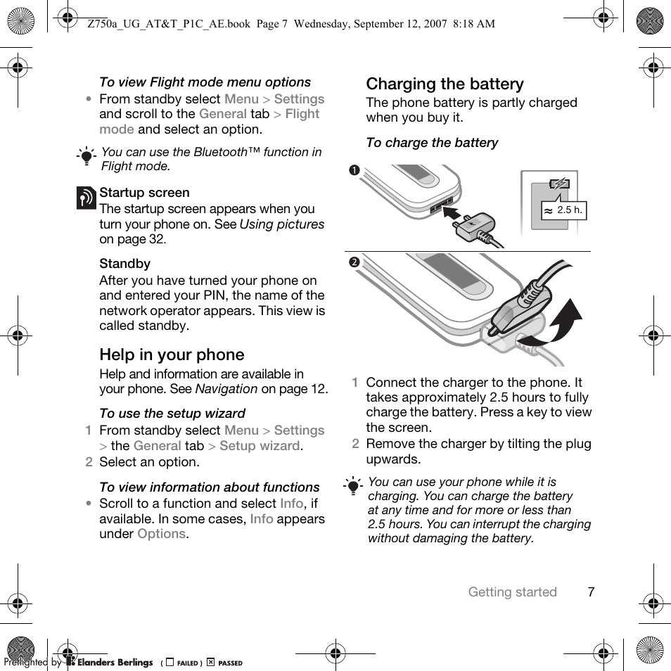 Help in your phone, Charging the battery | Sony Ericsson Z750a User Manual | Page 9 / 152