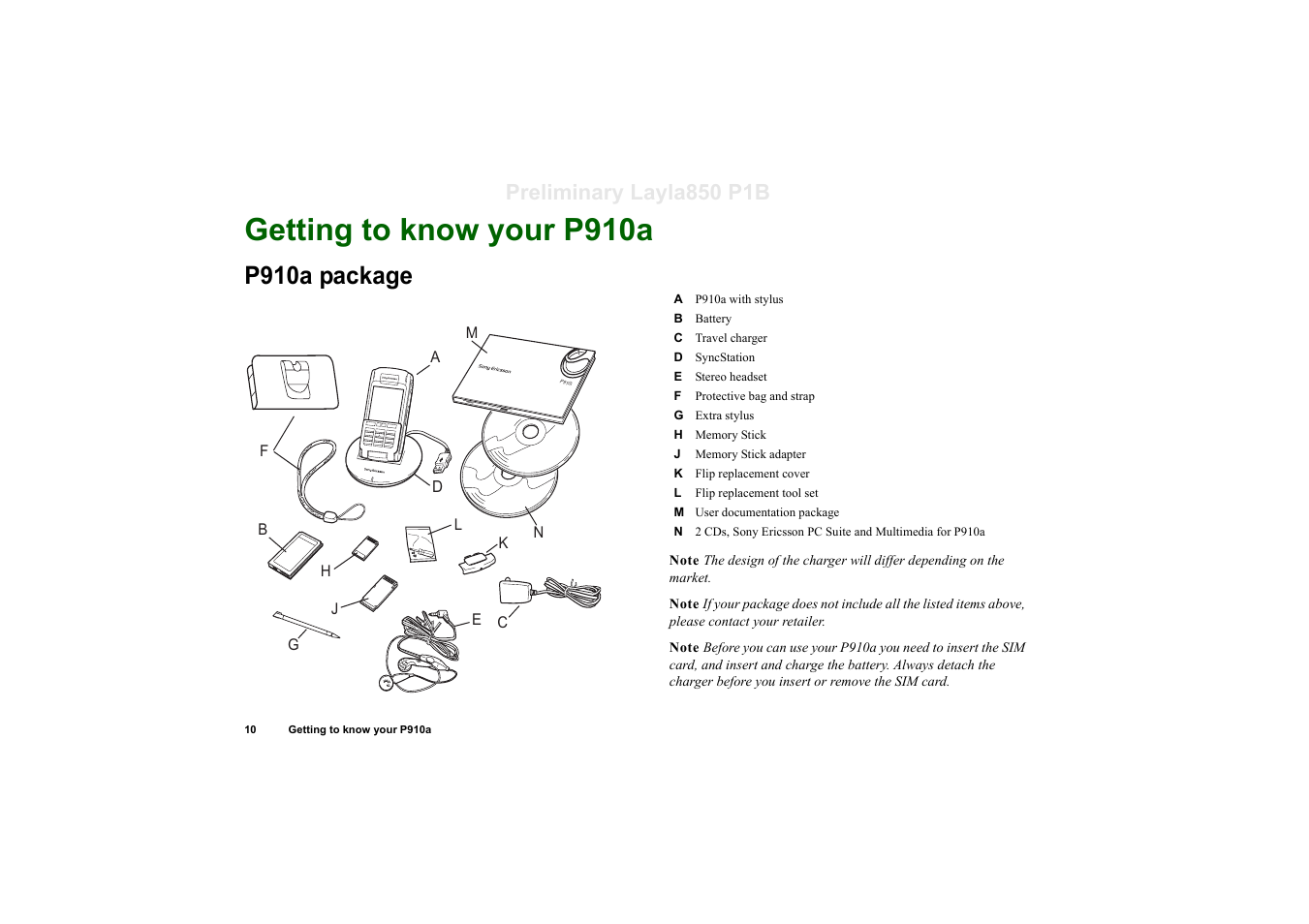 Getting to know your p910a, P910a package, Preliminary layla850 p1b | Sony Ericsson P910a User Manual | Page 10 / 203