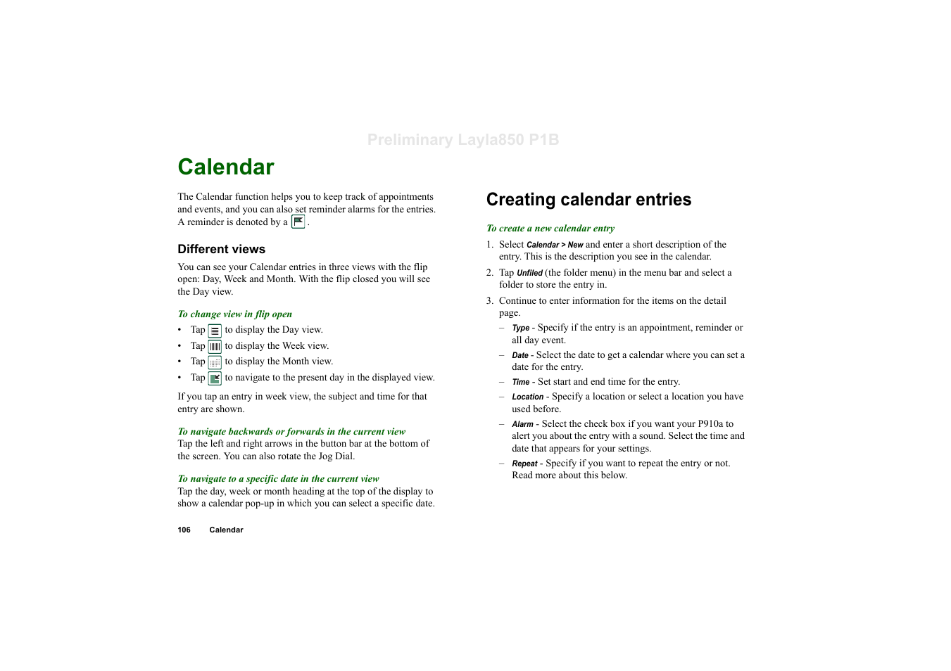 Calendar, Different views, Creating calendar entries | Preliminary layla850 p1b | Sony Ericsson P910a User Manual | Page 106 / 203