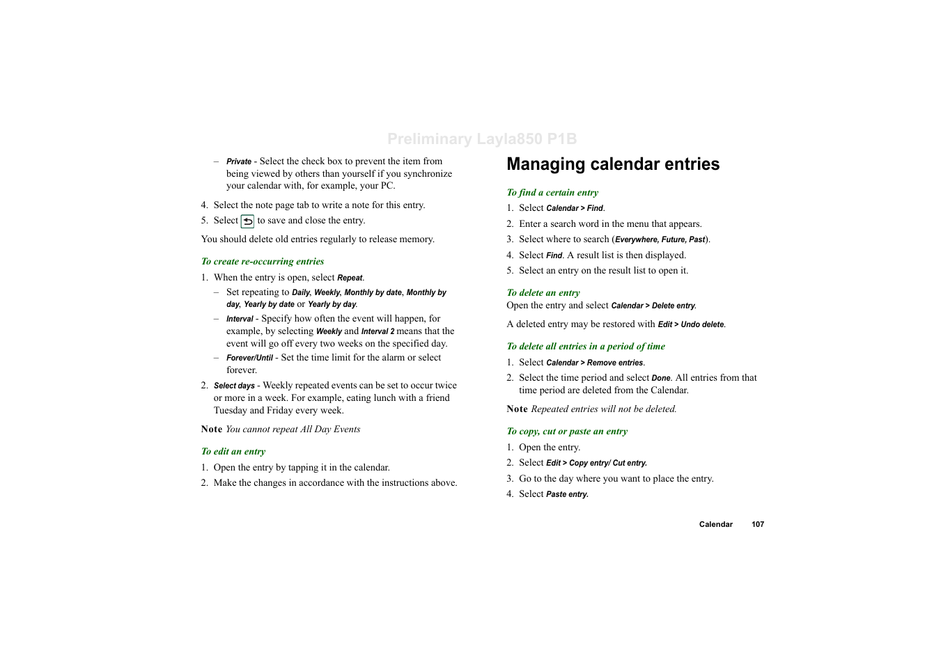 Managing calendar entries, Preliminary layla850 p1b | Sony Ericsson P910a User Manual | Page 107 / 203