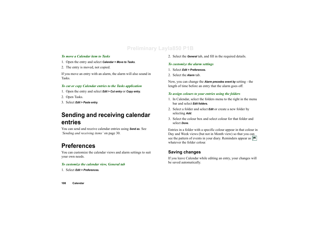 Sending and receiving calendar entries, Preferences, Saving changes | Sending and receiving calendar entries preferences, Preliminary layla850 p1b | Sony Ericsson P910a User Manual | Page 108 / 203