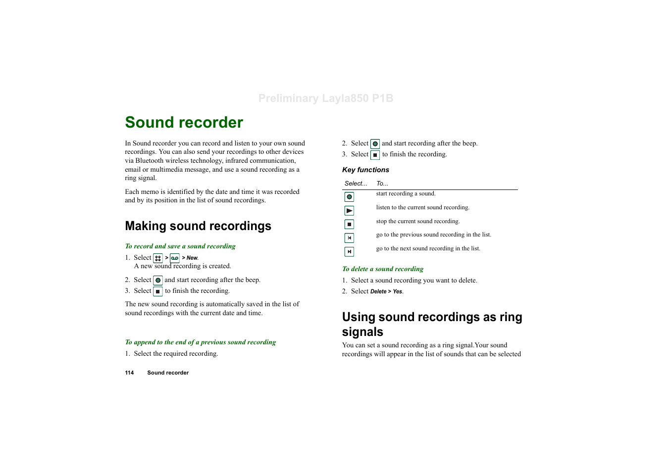 Making sound recordings, Using sound recordings as ring signals, Ools | Sound recorder, Preliminary layla850 p1b | Sony Ericsson P910a User Manual | Page 114 / 203