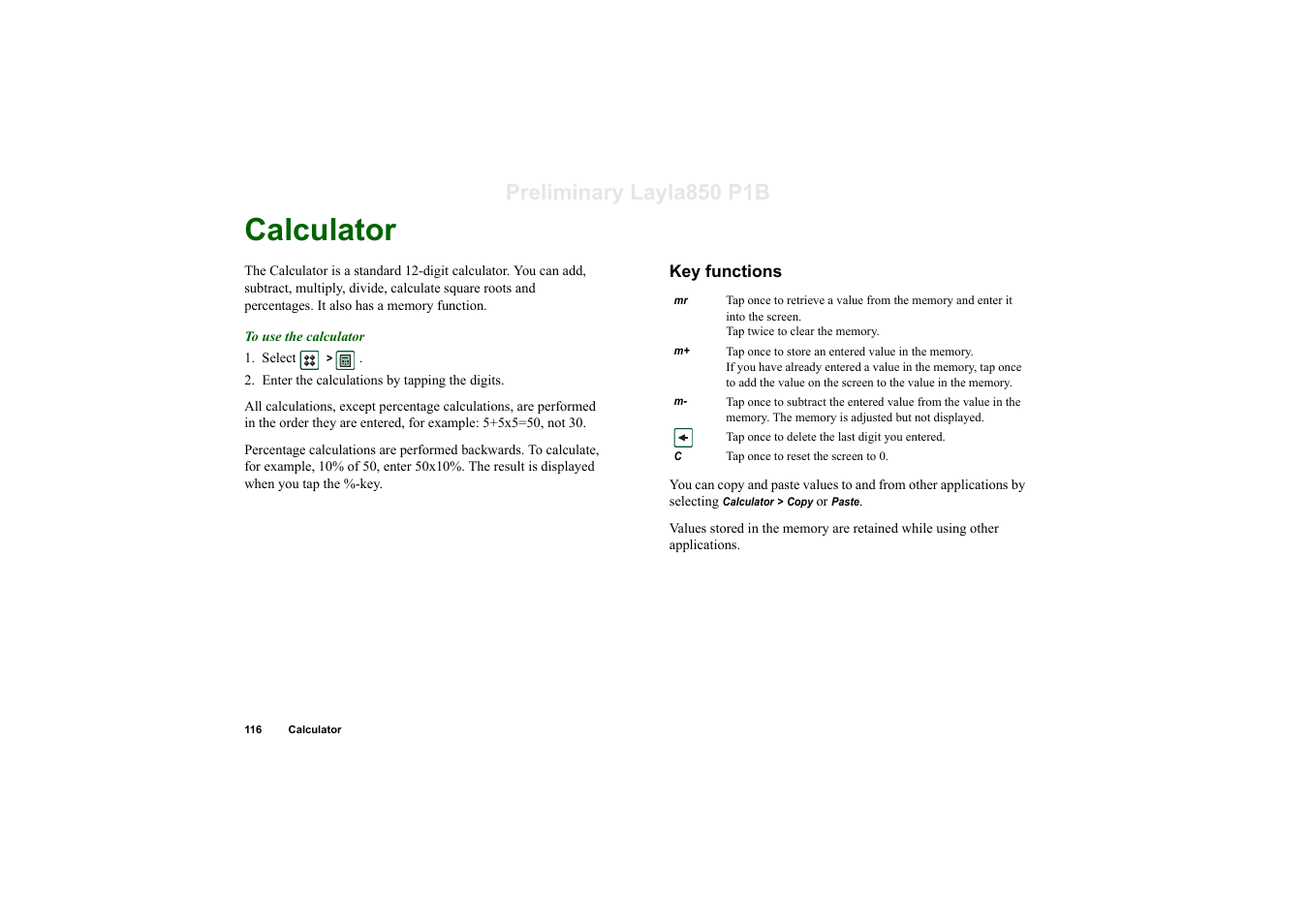 Calculator, Key functions, Preliminary layla850 p1b | Sony Ericsson P910a User Manual | Page 116 / 203