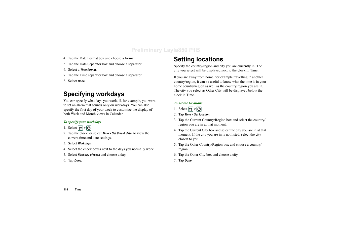 Specifying workdays, Setting locations, Preliminary layla850 p1b | Sony Ericsson P910a User Manual | Page 118 / 203