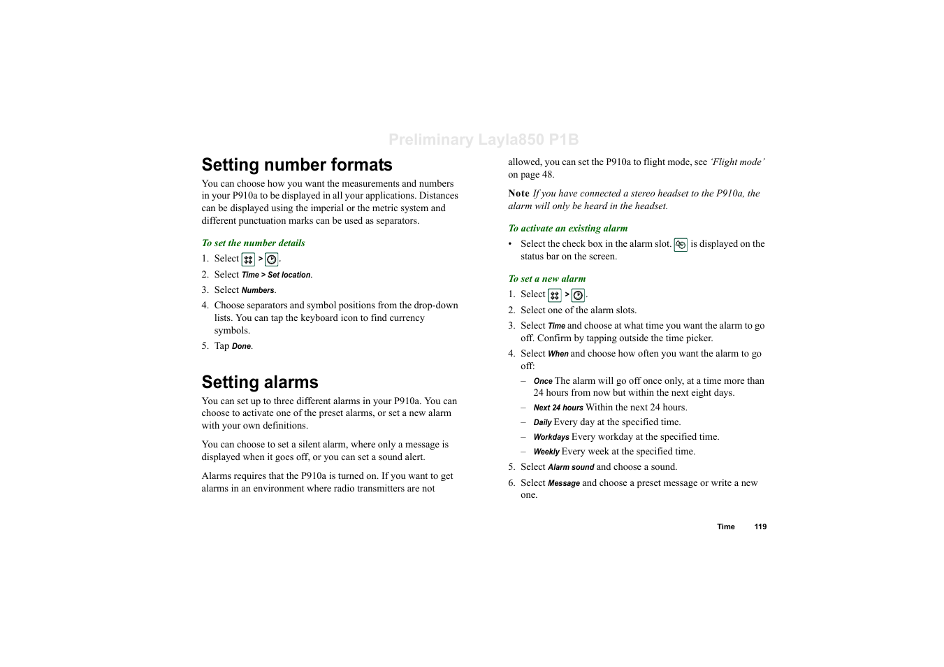 Setting number formats, Setting alarms, Setting number formats setting alarms | Preliminary layla850 p1b | Sony Ericsson P910a User Manual | Page 119 / 203