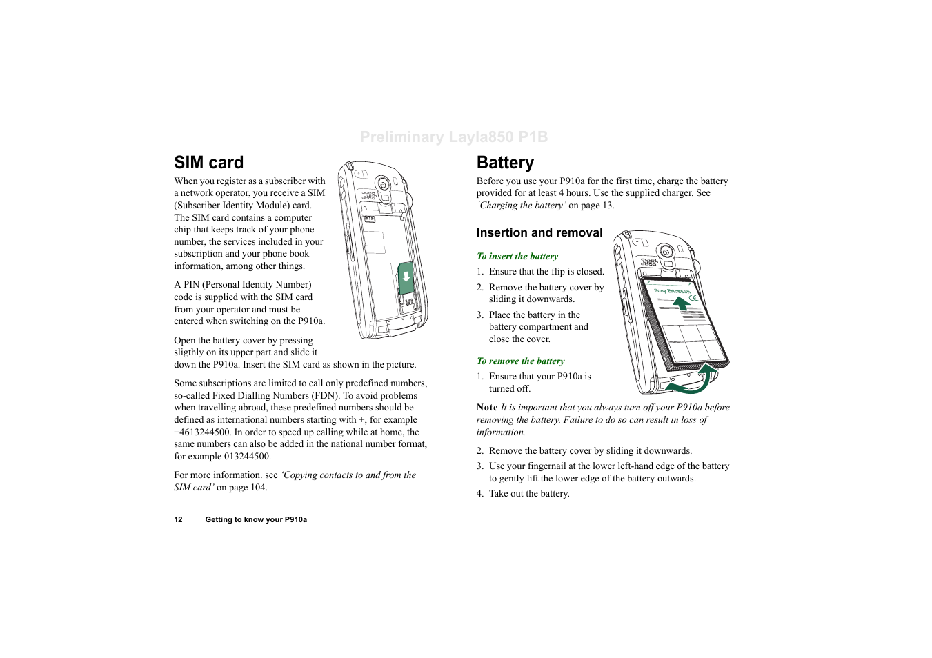 Sim card, Battery, Insertion and removal | Sim card battery, Preliminary layla850 p1b | Sony Ericsson P910a User Manual | Page 12 / 203