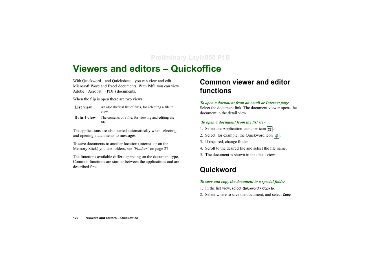 Viewers and editors – quickoffice, Common viewer and editor functions, Quickword | Common viewer and editor functions quickword, Preliminary layla850 p1b | Sony Ericsson P910a User Manual | Page 122 / 203