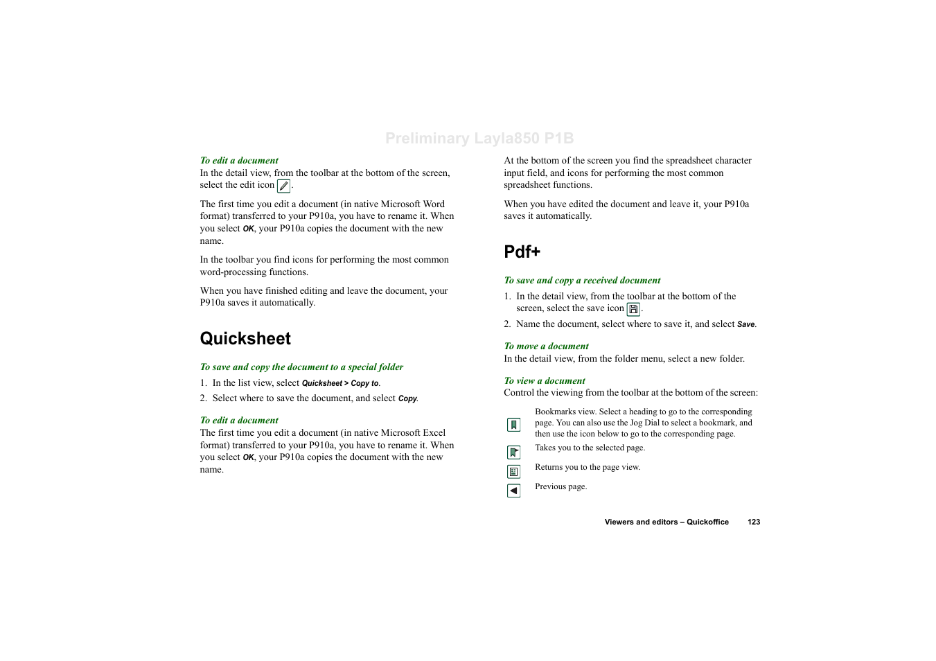 Quicksheet, Quicksheet pdf, Preliminary layla850 p1b | Sony Ericsson P910a User Manual | Page 123 / 203