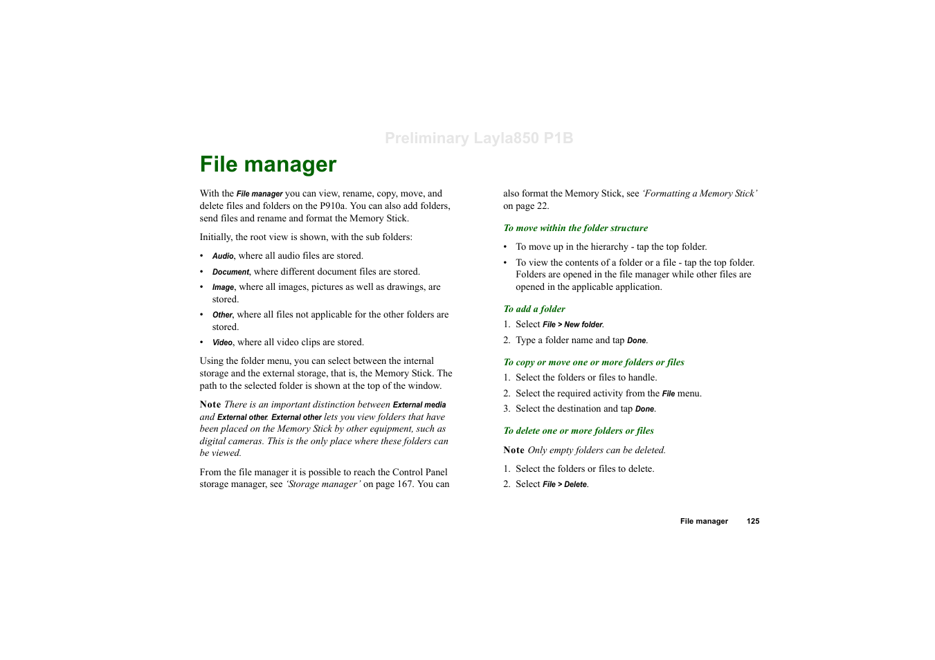 File manager, Preliminary layla850 p1b | Sony Ericsson P910a User Manual | Page 125 / 203