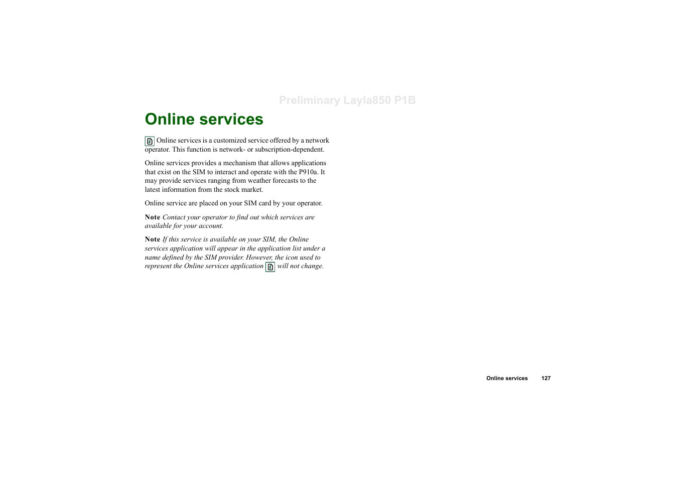 Online services, Preliminary layla850 p1b | Sony Ericsson P910a User Manual | Page 127 / 203