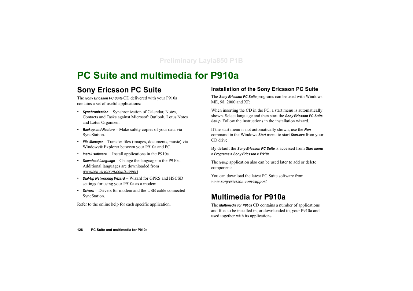 Sony ericsson pc suite, Installation of the sony ericsson pc suite, Multimedia for p910a | Dvanced, Unctions, Pc suite and multimedia for p910a, Sony ericsson pc suite multimedia for p910a, Preliminary layla850 p1b | Sony Ericsson P910a User Manual | Page 128 / 203