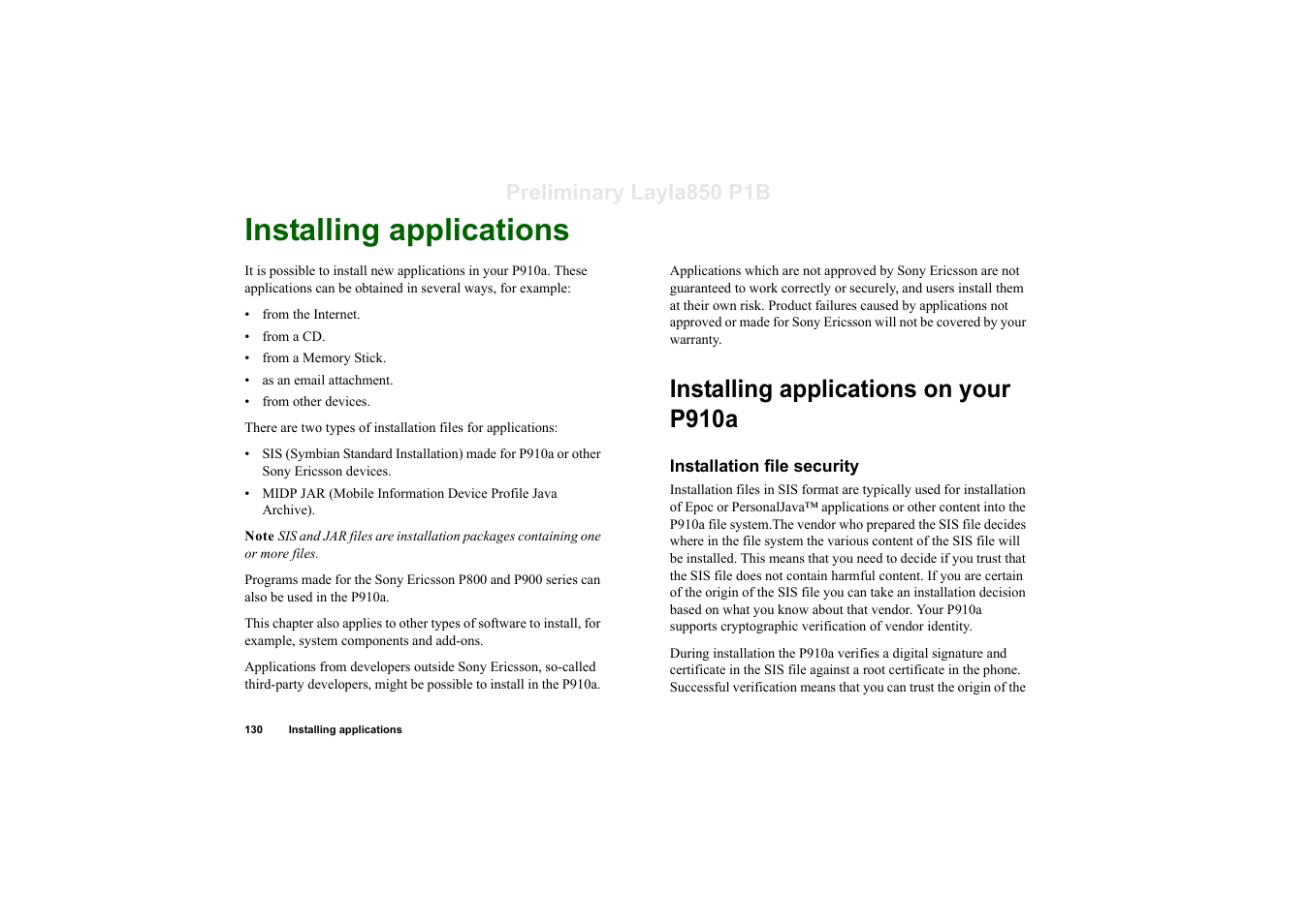 Installing applications, Installing applications on your p910a, Installation file security | Preliminary layla850 p1b | Sony Ericsson P910a User Manual | Page 130 / 203