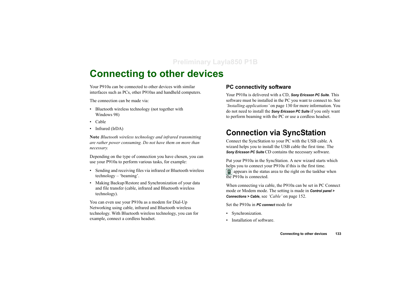 Connecting to other devices, Pc connectivity software, Connection via syncstation | Preliminary layla850 p1b | Sony Ericsson P910a User Manual | Page 133 / 203