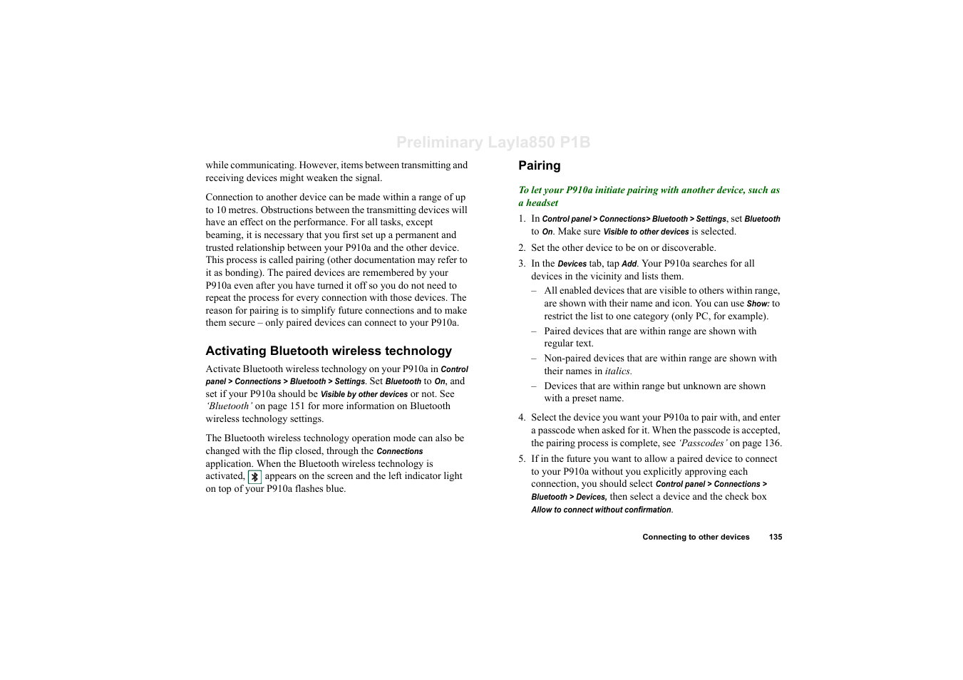 Activating bluetooth wireless technology, Pairing, Preliminary layla850 p1b | Sony Ericsson P910a User Manual | Page 135 / 203