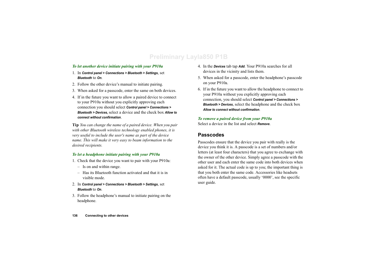 Passcodes, Preliminary layla850 p1b | Sony Ericsson P910a User Manual | Page 136 / 203