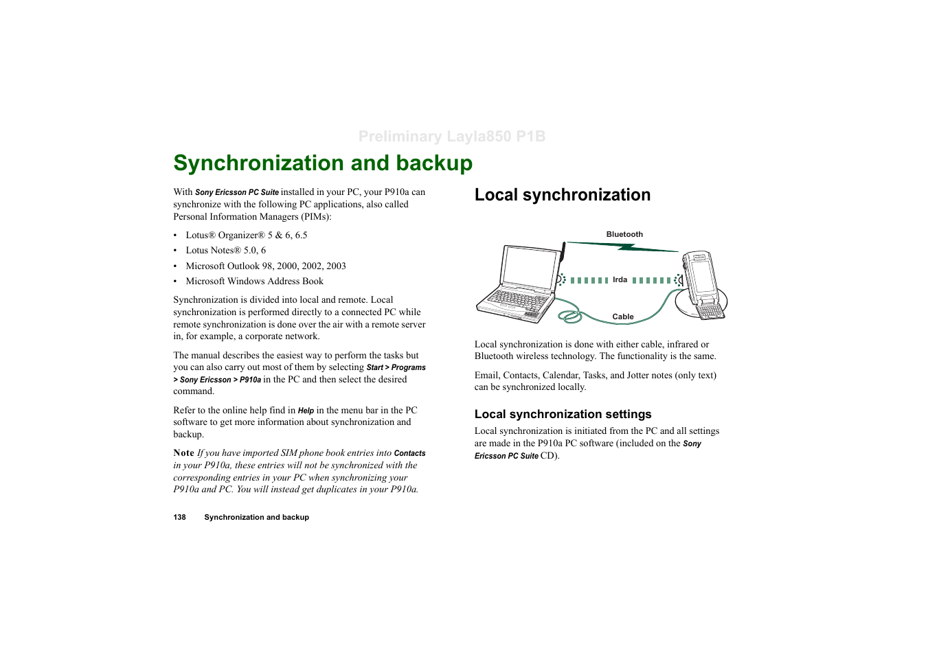 Synchronization and backup, Local synchronization, Local synchronization settings | Preliminary layla850 p1b | Sony Ericsson P910a User Manual | Page 138 / 203