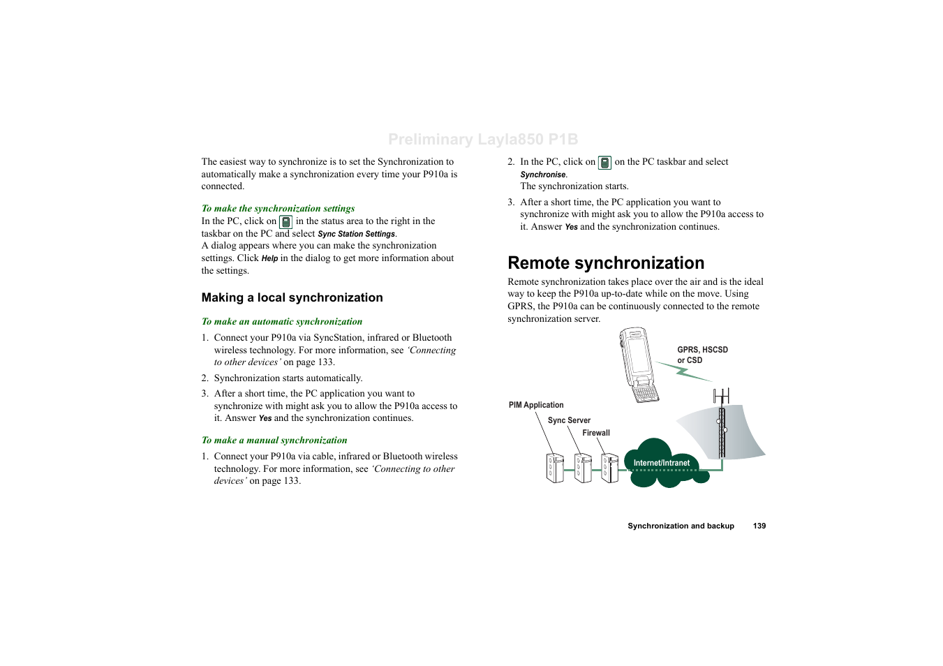 Making a local synchronization, Remote synchronization, Preliminary layla850 p1b | Sony Ericsson P910a User Manual | Page 139 / 203