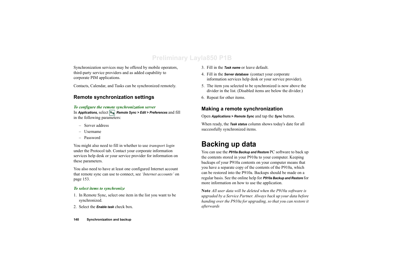 Remote synchronization settings, Making a remote synchronization, Backing up data | Preliminary layla850 p1b | Sony Ericsson P910a User Manual | Page 140 / 203