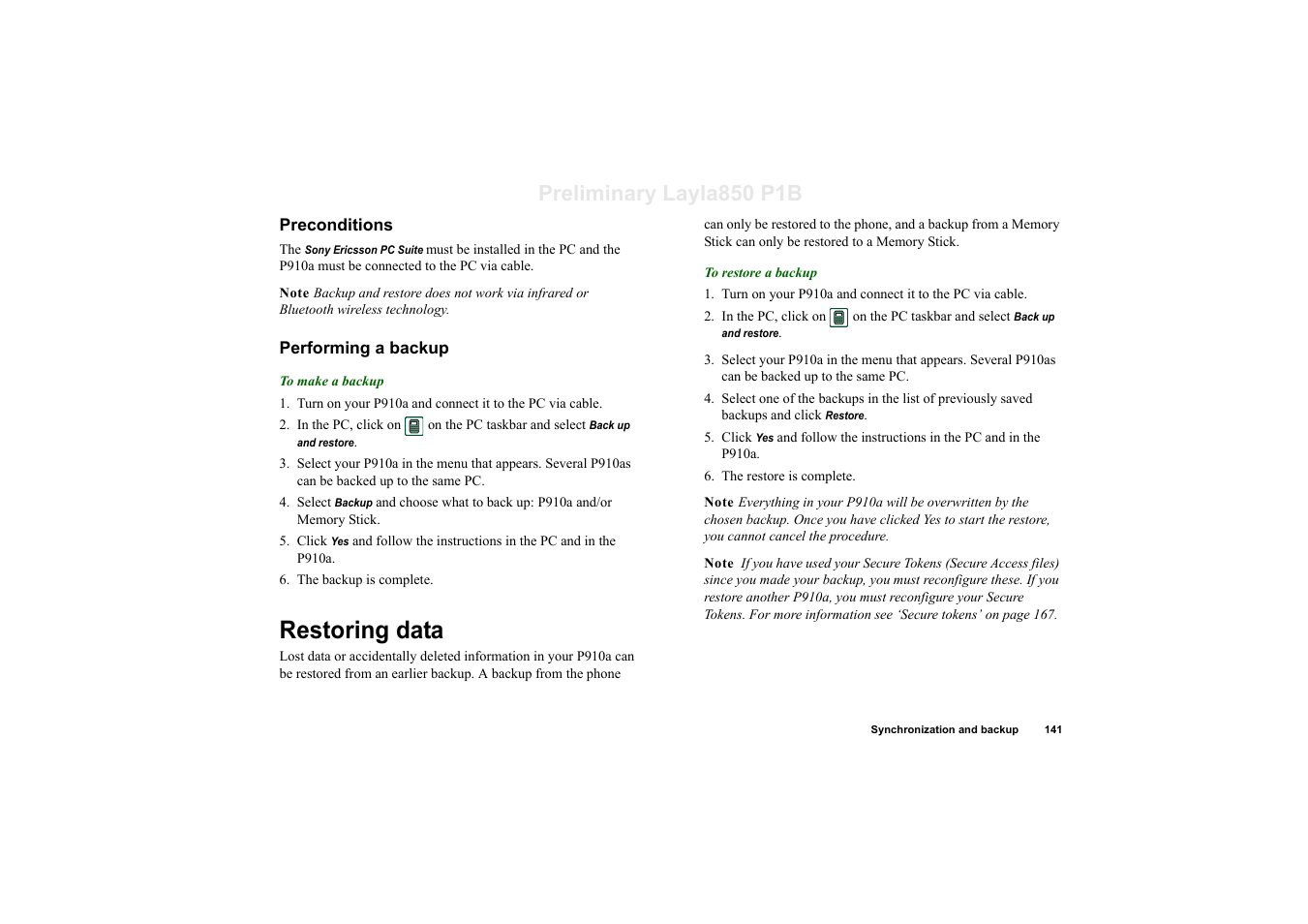 Preconditions, Performing a backup, Restoring data | Preliminary layla850 p1b | Sony Ericsson P910a User Manual | Page 141 / 203