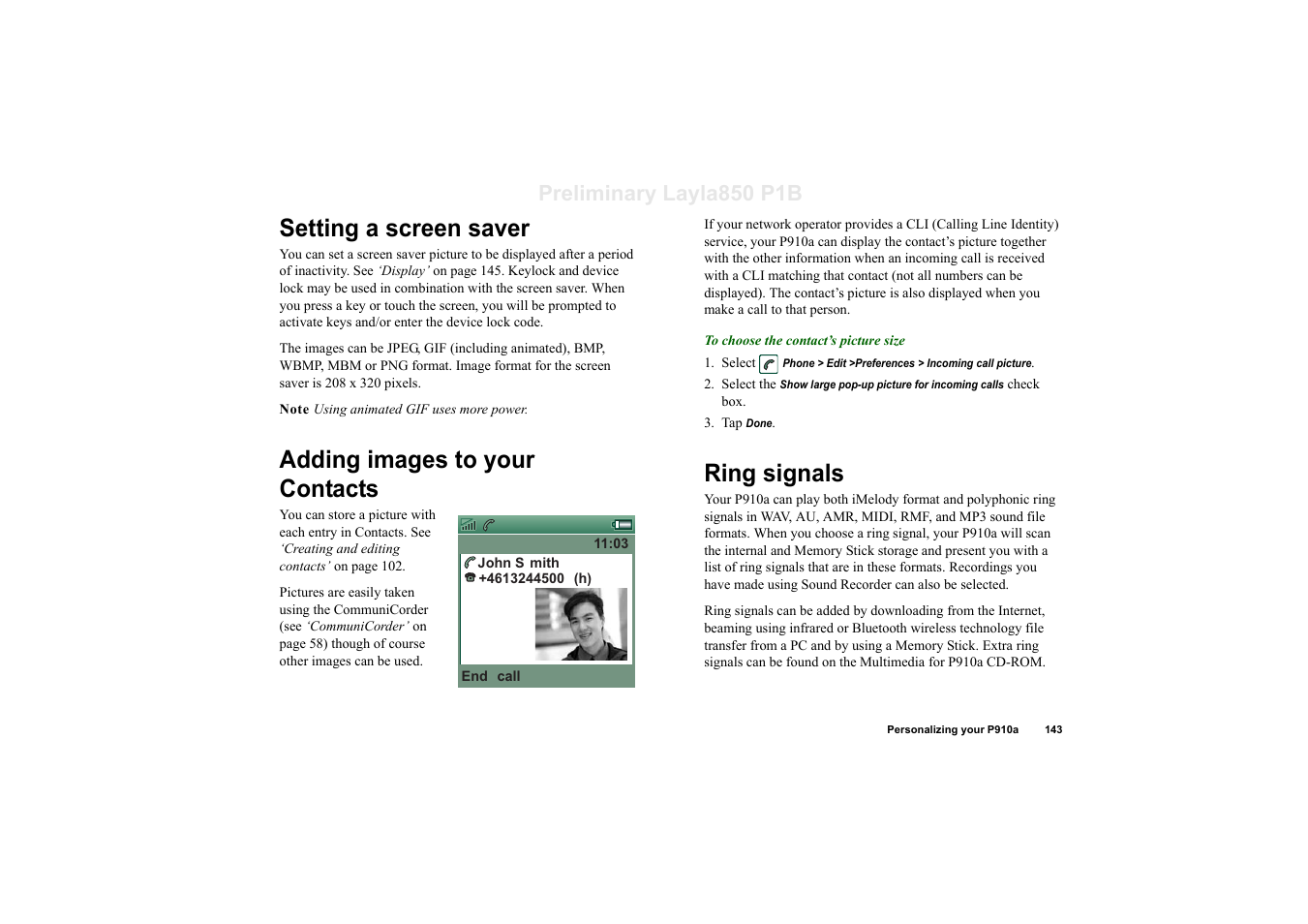 Setting a screen saver, Adding images to your contacts, Ring signals | Preliminary layla850 p1b | Sony Ericsson P910a User Manual | Page 143 / 203