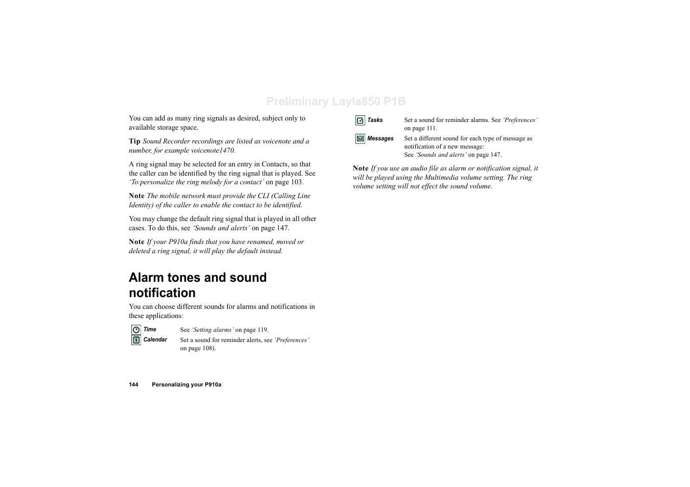 Alarm tones and sound notification, Preliminary layla850 p1b | Sony Ericsson P910a User Manual | Page 144 / 203