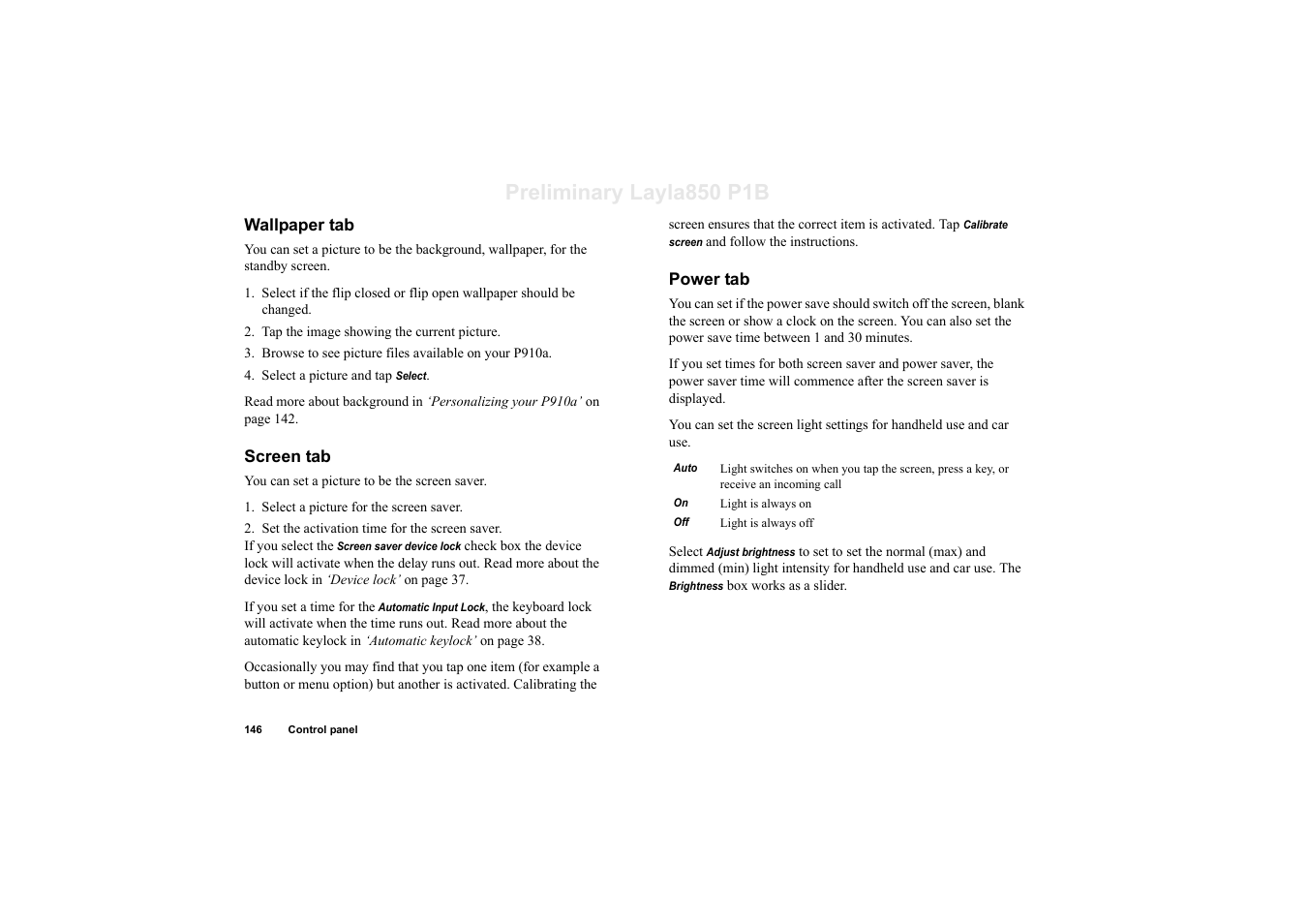 Wallpaper tab, Screen tab, Power tab | Preliminary layla850 p1b | Sony Ericsson P910a User Manual | Page 146 / 203