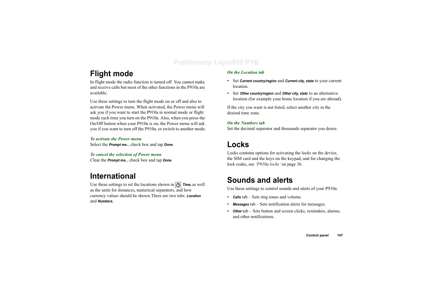 Flight mode, International, Locks | Sounds and alerts, Flight mode international locks sounds and alerts, Preliminary layla850 p1b | Sony Ericsson P910a User Manual | Page 147 / 203