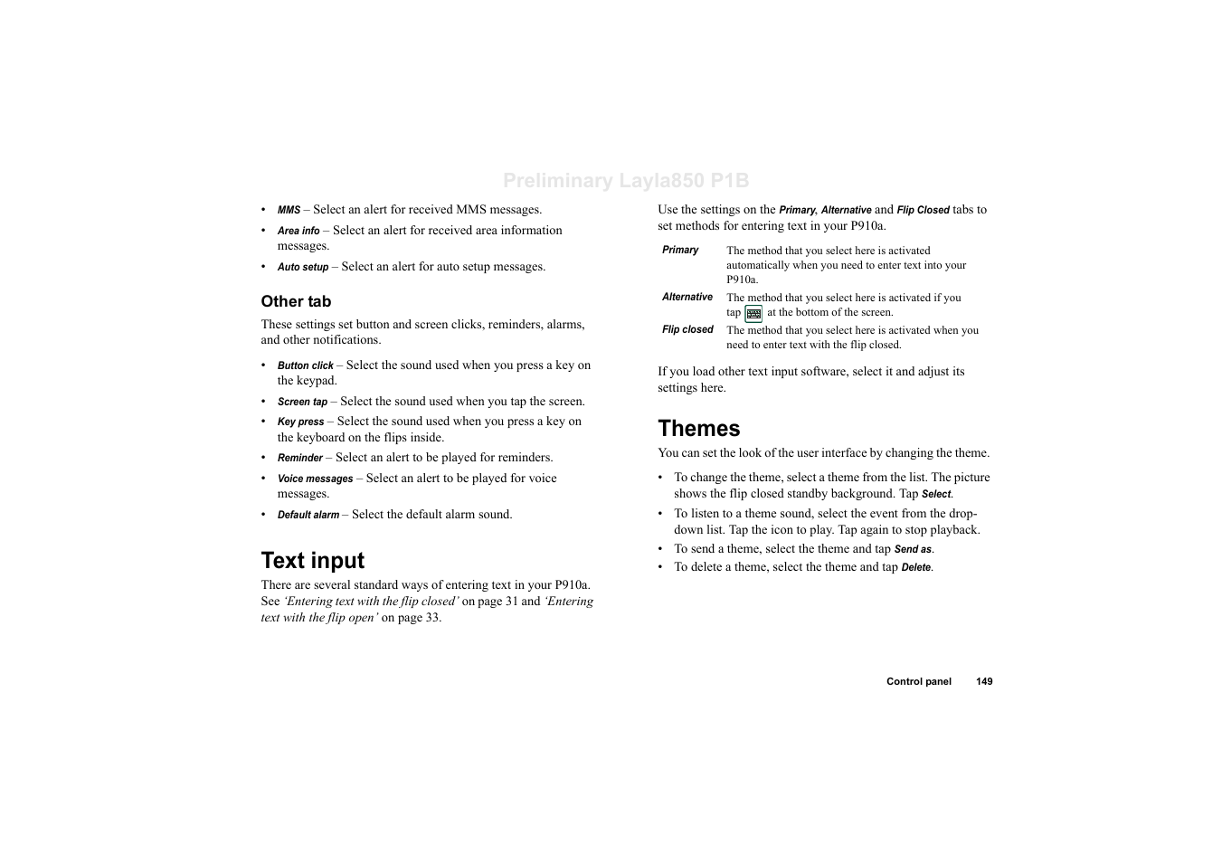 Other tab, Text input, Themes | Text input themes, Preliminary layla850 p1b | Sony Ericsson P910a User Manual | Page 149 / 203