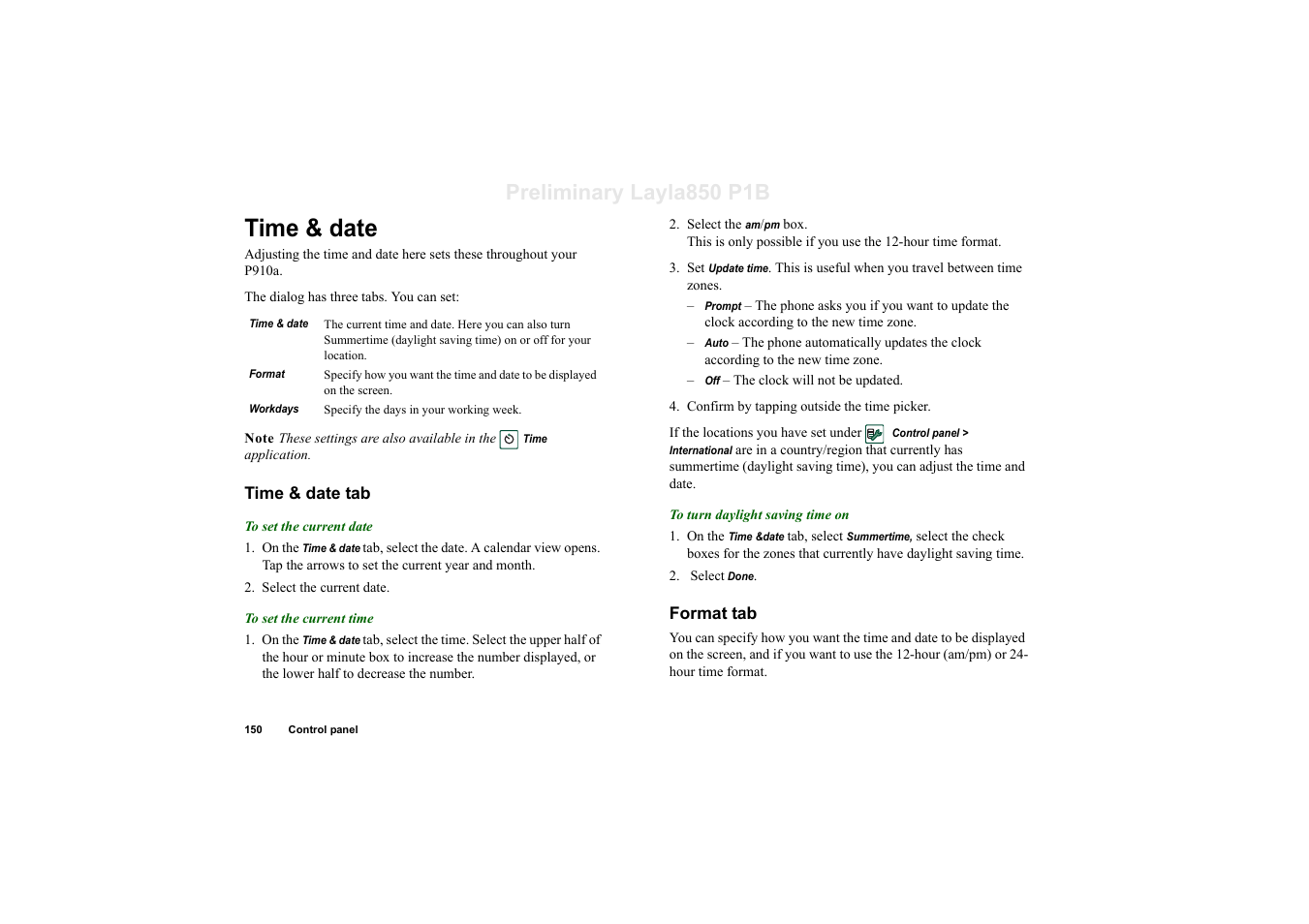 Time & date, Time & date tab, Format tab | Preliminary layla850 p1b | Sony Ericsson P910a User Manual | Page 150 / 203