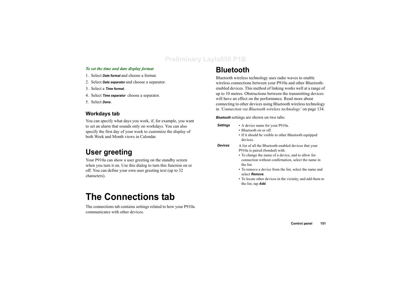 Workdays tab, User greeting, Bluetooth | The connections tab bluetooth, The connections tab, Preliminary layla850 p1b | Sony Ericsson P910a User Manual | Page 151 / 203