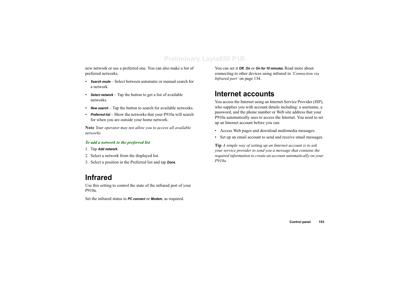 Infrared, Internet accounts, Infrared internet accounts | Preliminary layla850 p1b | Sony Ericsson P910a User Manual | Page 153 / 203