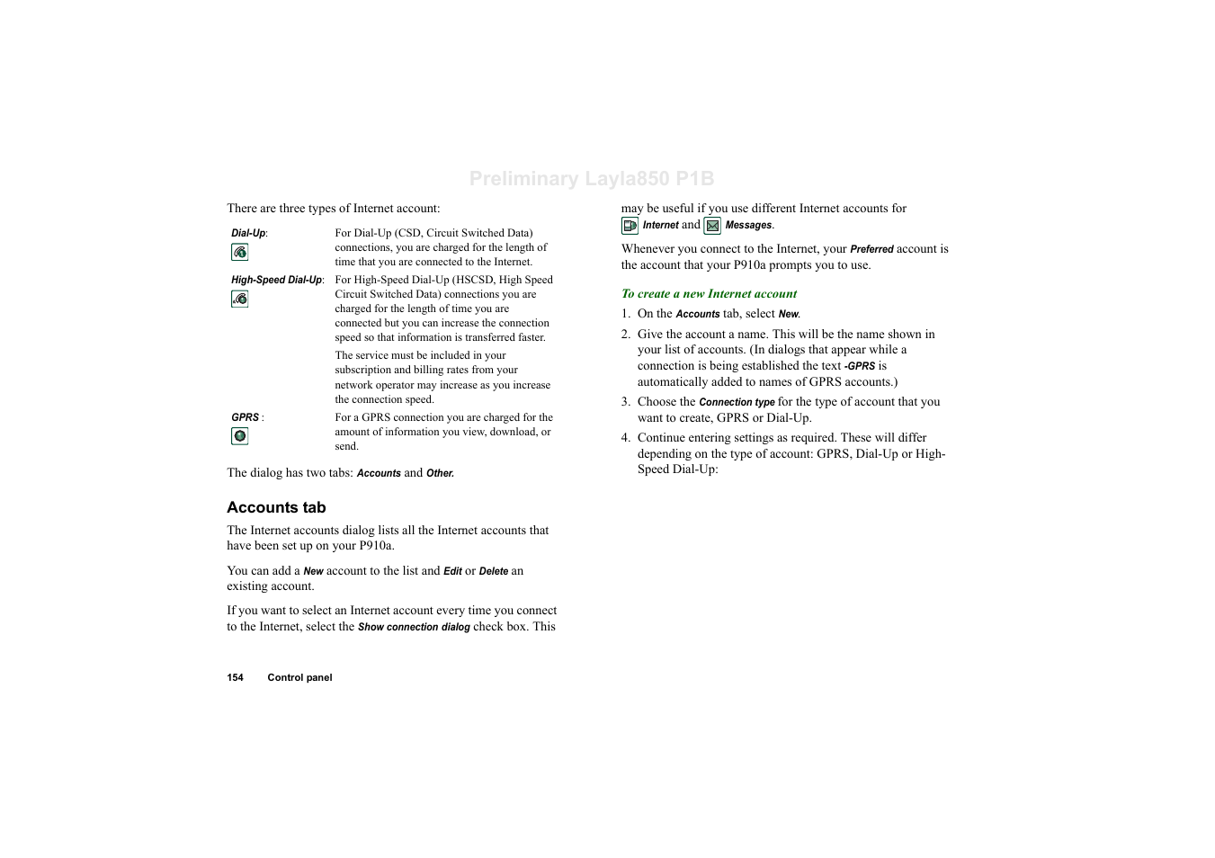 Accounts tab, Preliminary layla850 p1b | Sony Ericsson P910a User Manual | Page 154 / 203