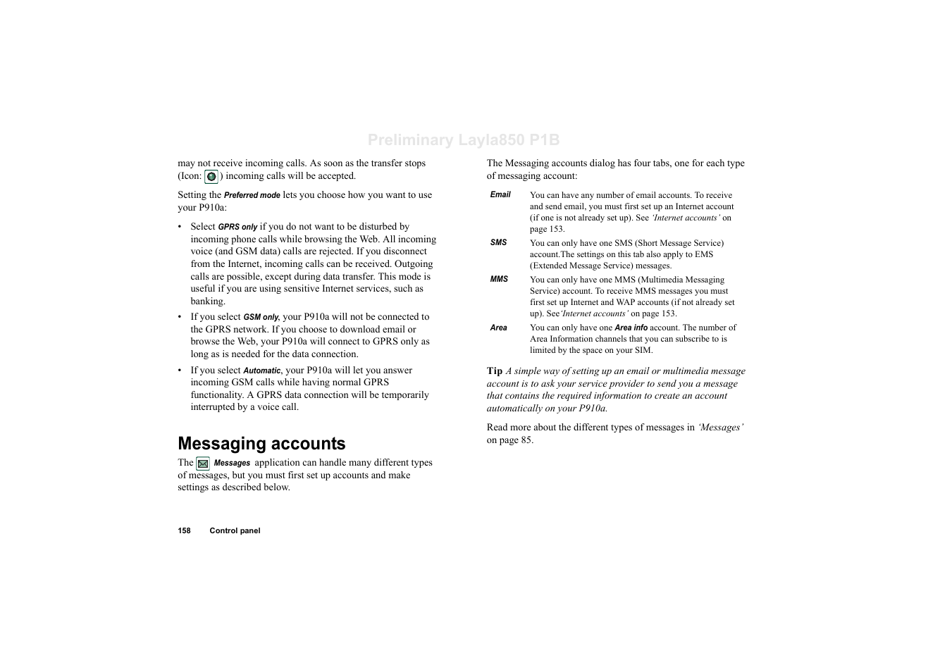 Messaging accounts, Preliminary layla850 p1b | Sony Ericsson P910a User Manual | Page 158 / 203