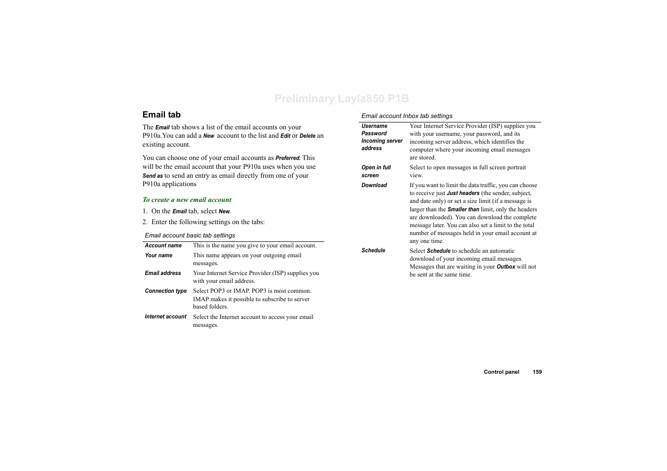 Email tab, Preliminary layla850 p1b | Sony Ericsson P910a User Manual | Page 159 / 203
