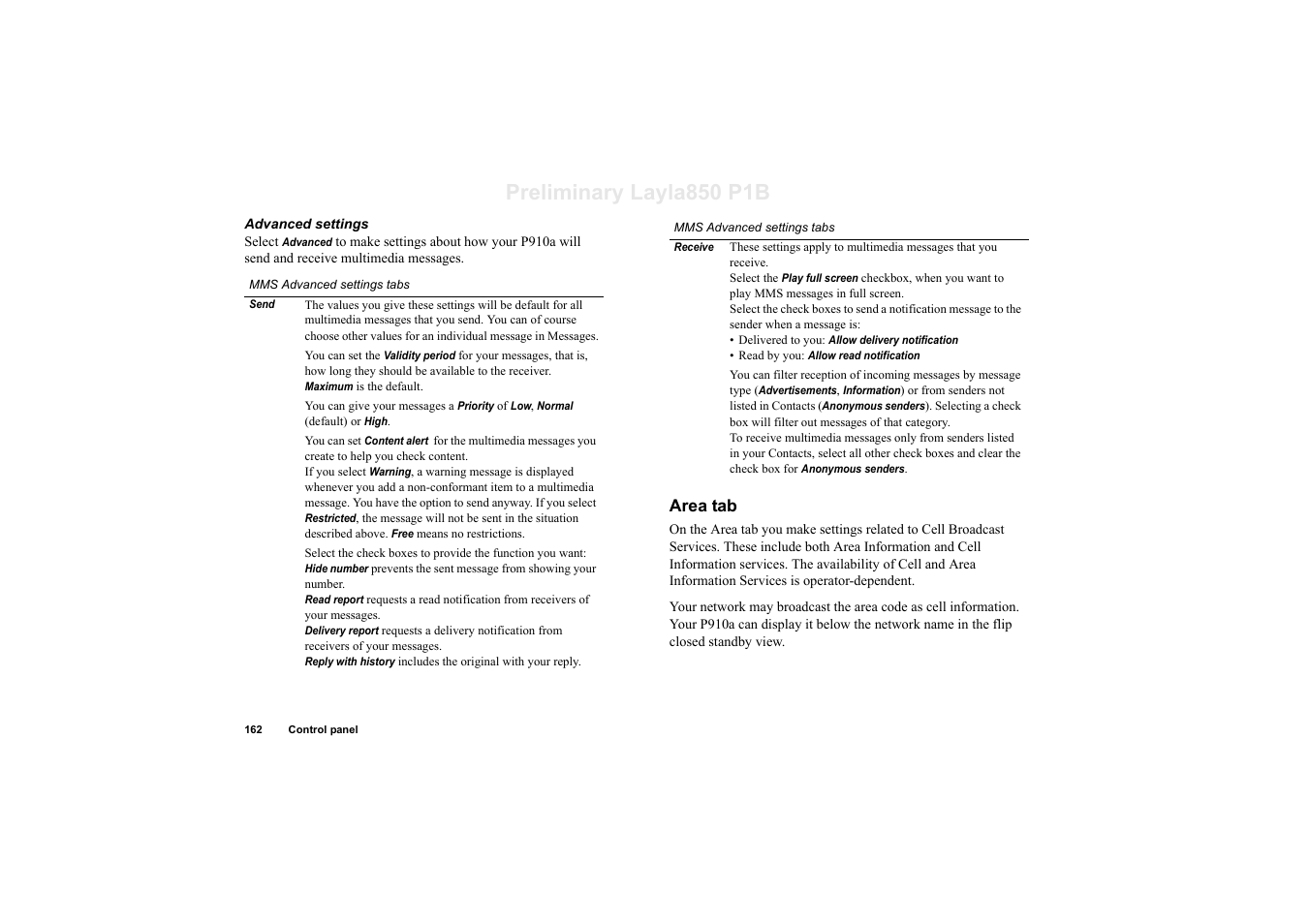 Area tab, Mms advanced, Preliminary layla850 p1b | Sony Ericsson P910a User Manual | Page 162 / 203