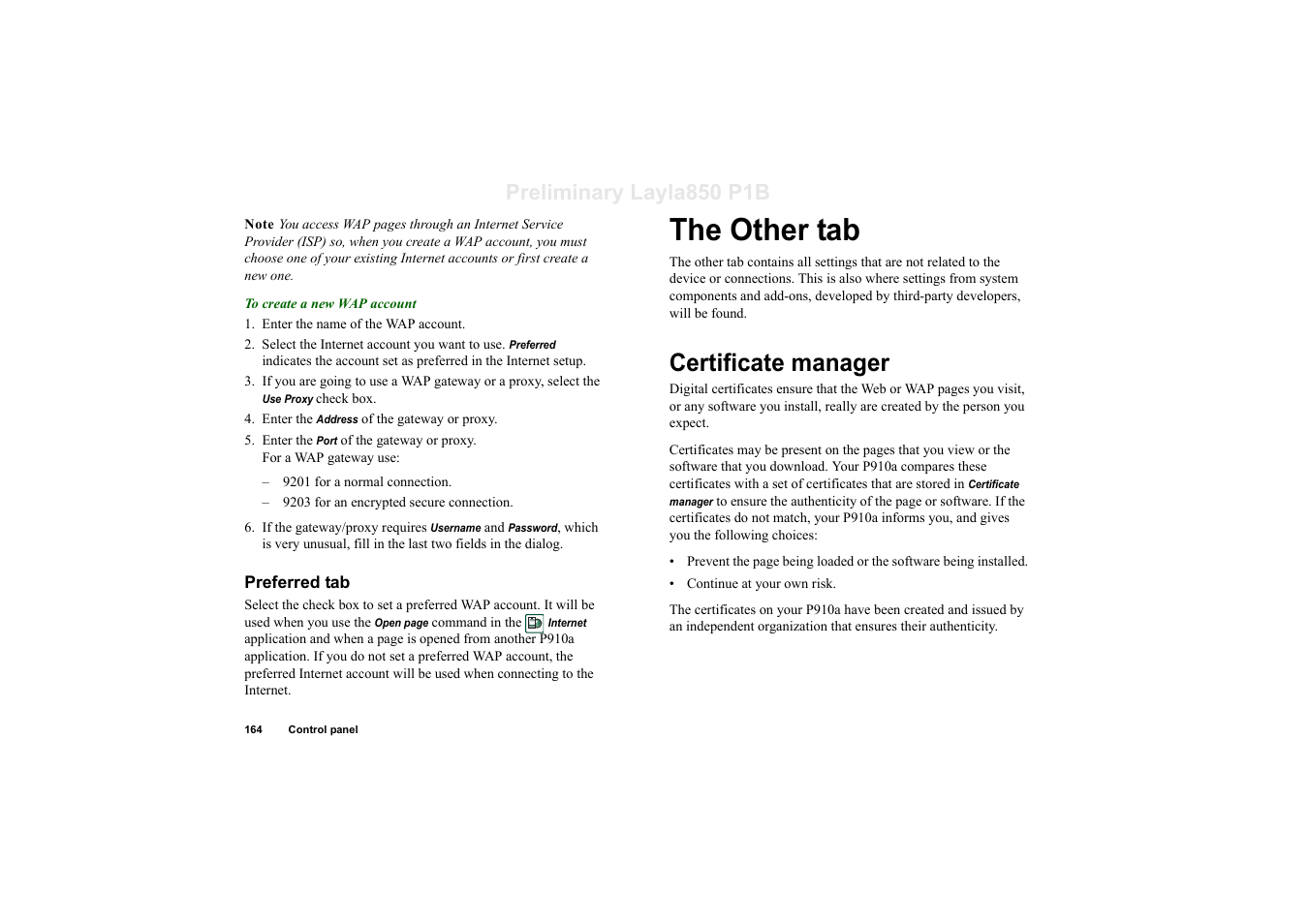 Preferred tab, Certificate manager, The other tab certificate manager | The other tab, Preliminary layla850 p1b | Sony Ericsson P910a User Manual | Page 164 / 203