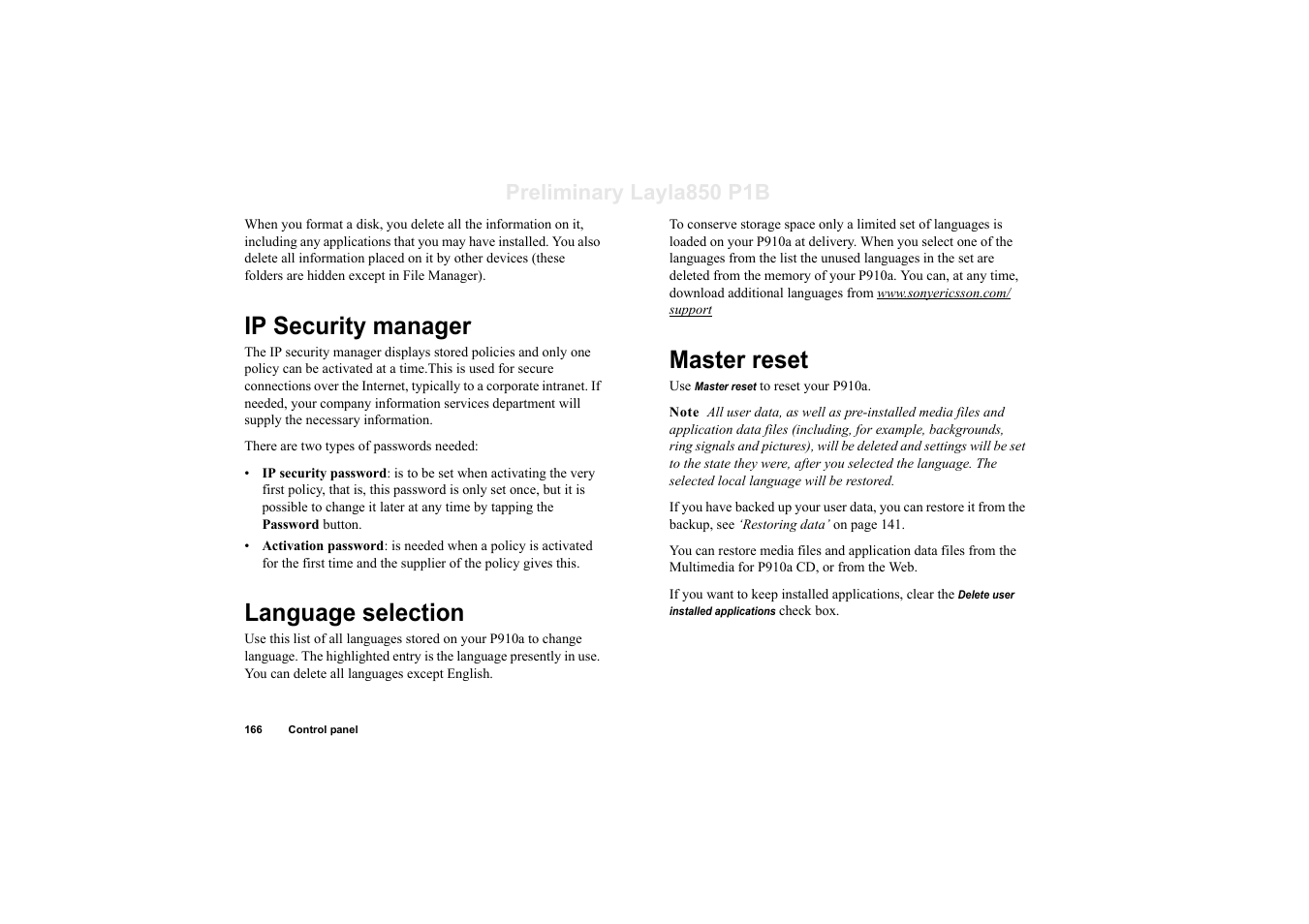 Ip security manager, Language selection, Master reset | Preliminary layla850 p1b | Sony Ericsson P910a User Manual | Page 166 / 203