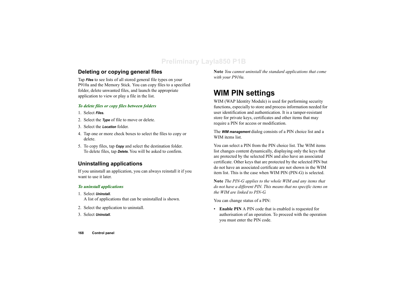 Deleting or copying general files, Uninstalling applications, Wim pin settings | Preliminary layla850 p1b | Sony Ericsson P910a User Manual | Page 168 / 203