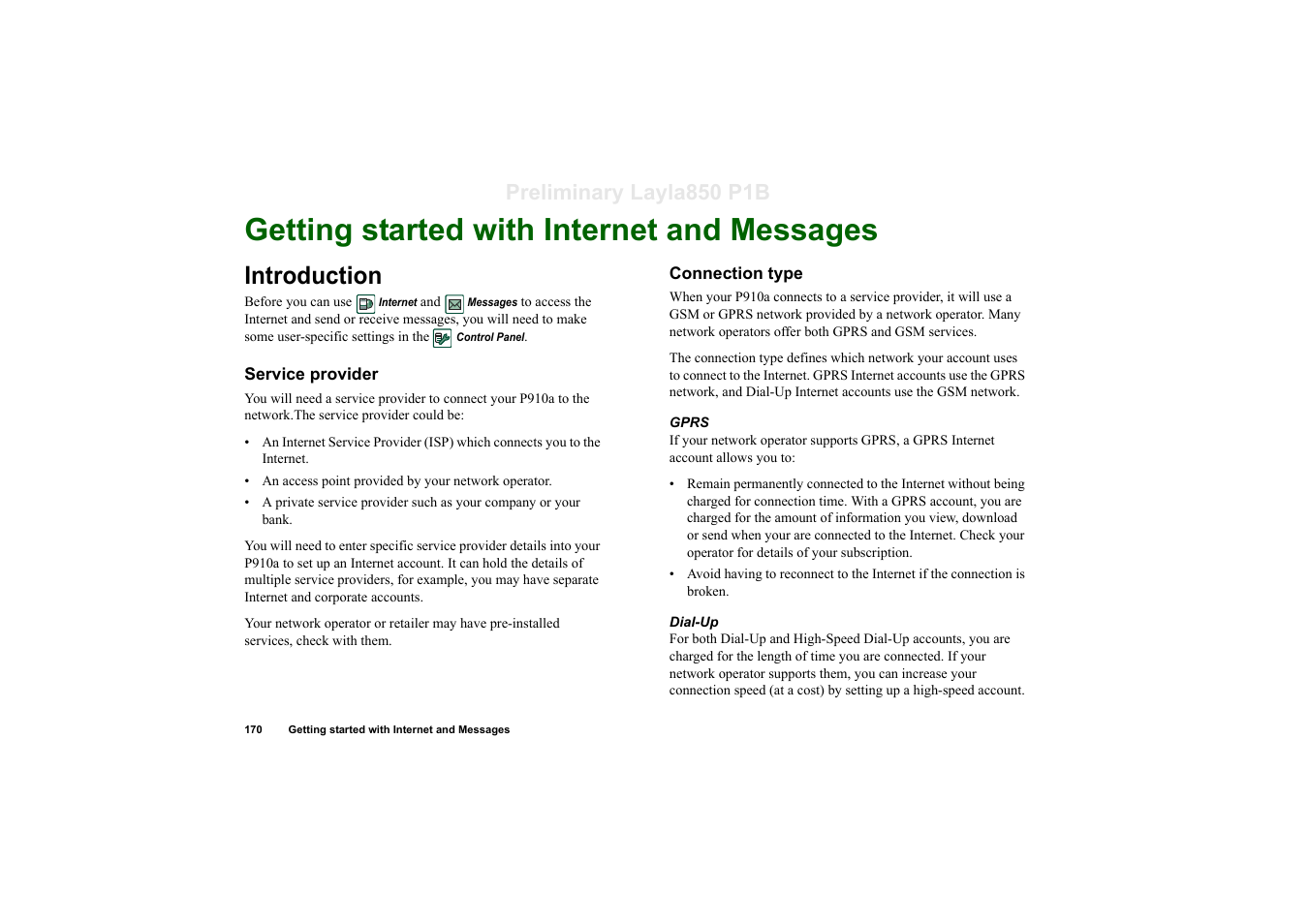 Getting started with internet and messages, Introduction, Service provider | Connection type, Preliminary layla850 p1b | Sony Ericsson P910a User Manual | Page 170 / 203