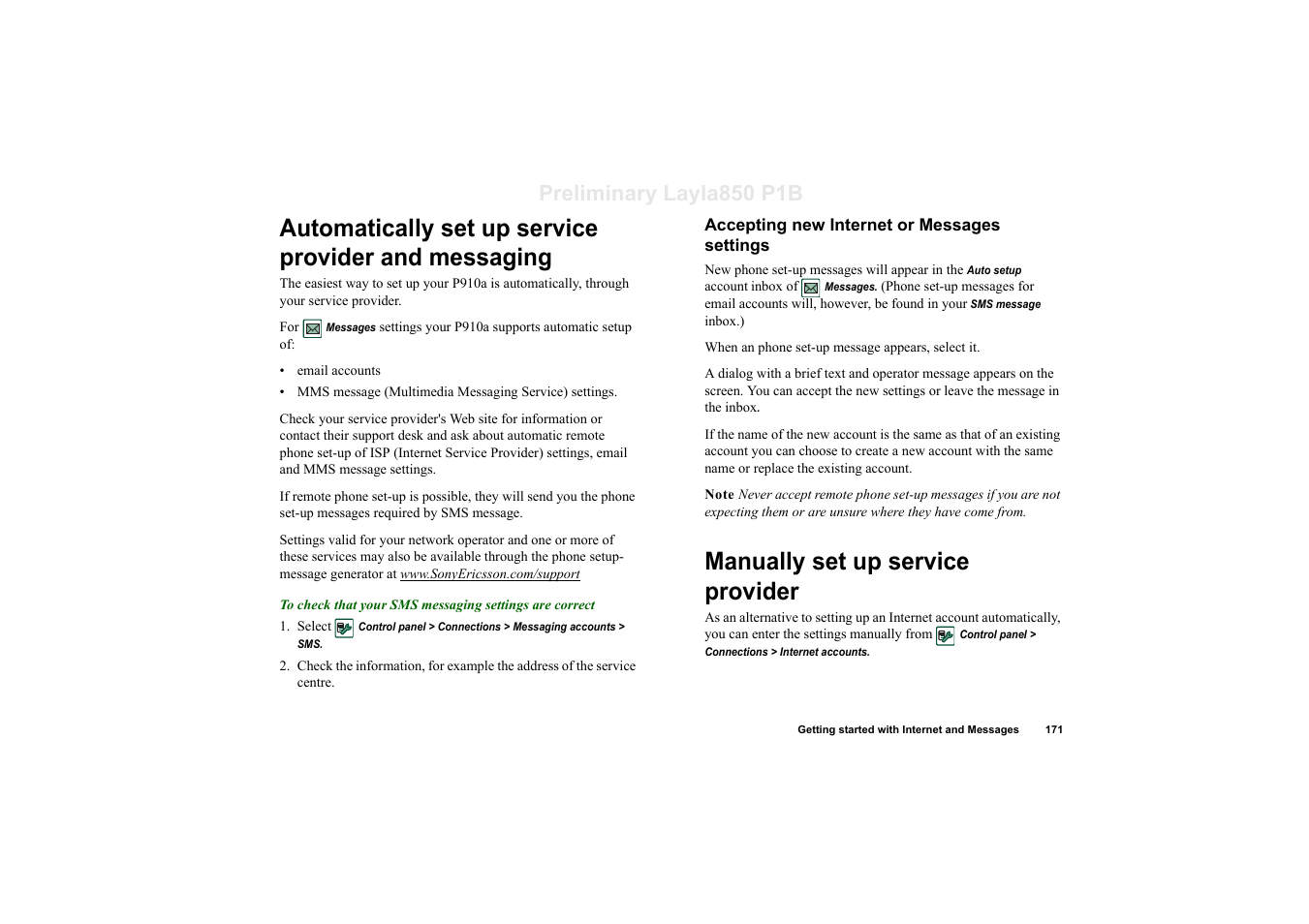 Accepting new internet or messages settings, Manually set up service provider, Preliminary layla850 p1b | Sony Ericsson P910a User Manual | Page 171 / 203