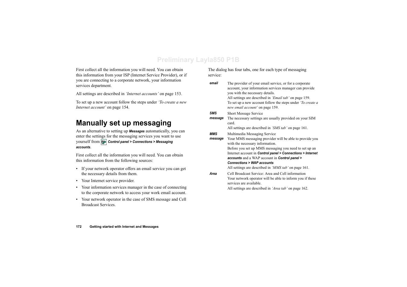 Manually set up messaging, Preliminary layla850 p1b | Sony Ericsson P910a User Manual | Page 172 / 203