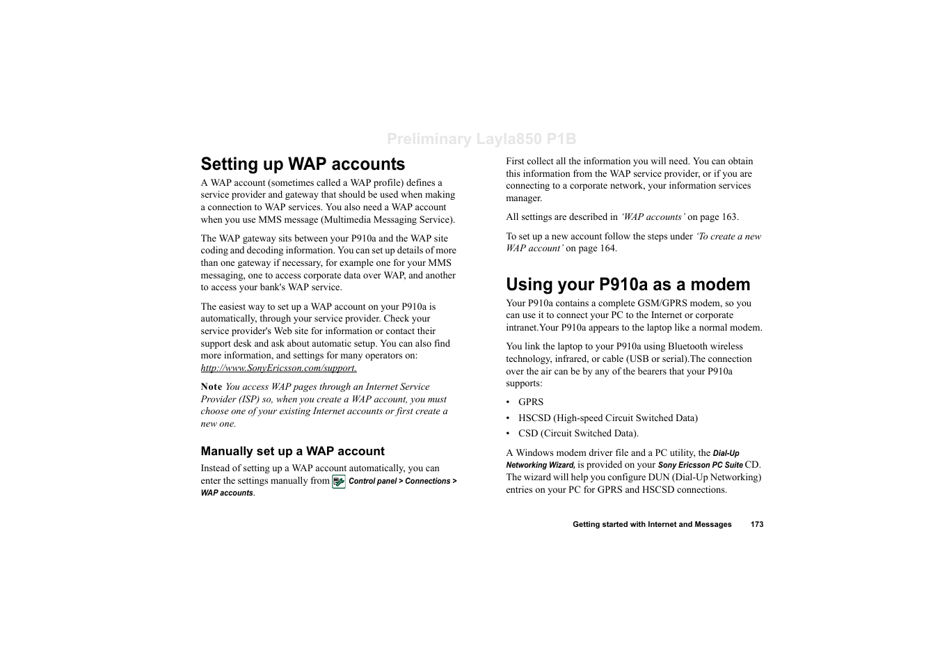 Setting up wap accounts, Manually set up a wap account, Using your p910a as a modem | Preliminary layla850 p1b | Sony Ericsson P910a User Manual | Page 173 / 203