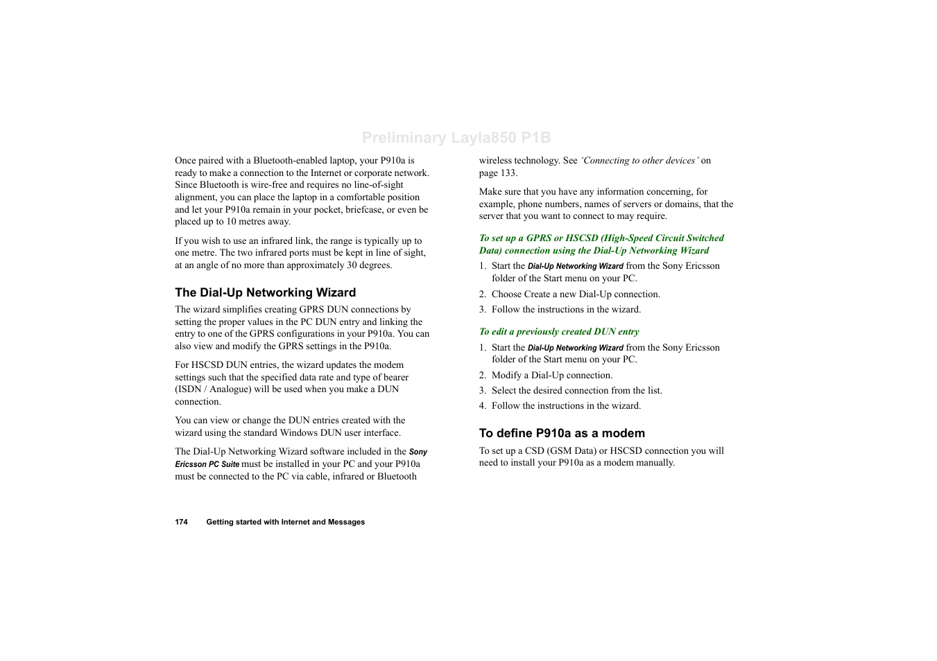 The dial-up networking wizard, To define p910a as a modem, Preliminary layla850 p1b | Sony Ericsson P910a User Manual | Page 174 / 203