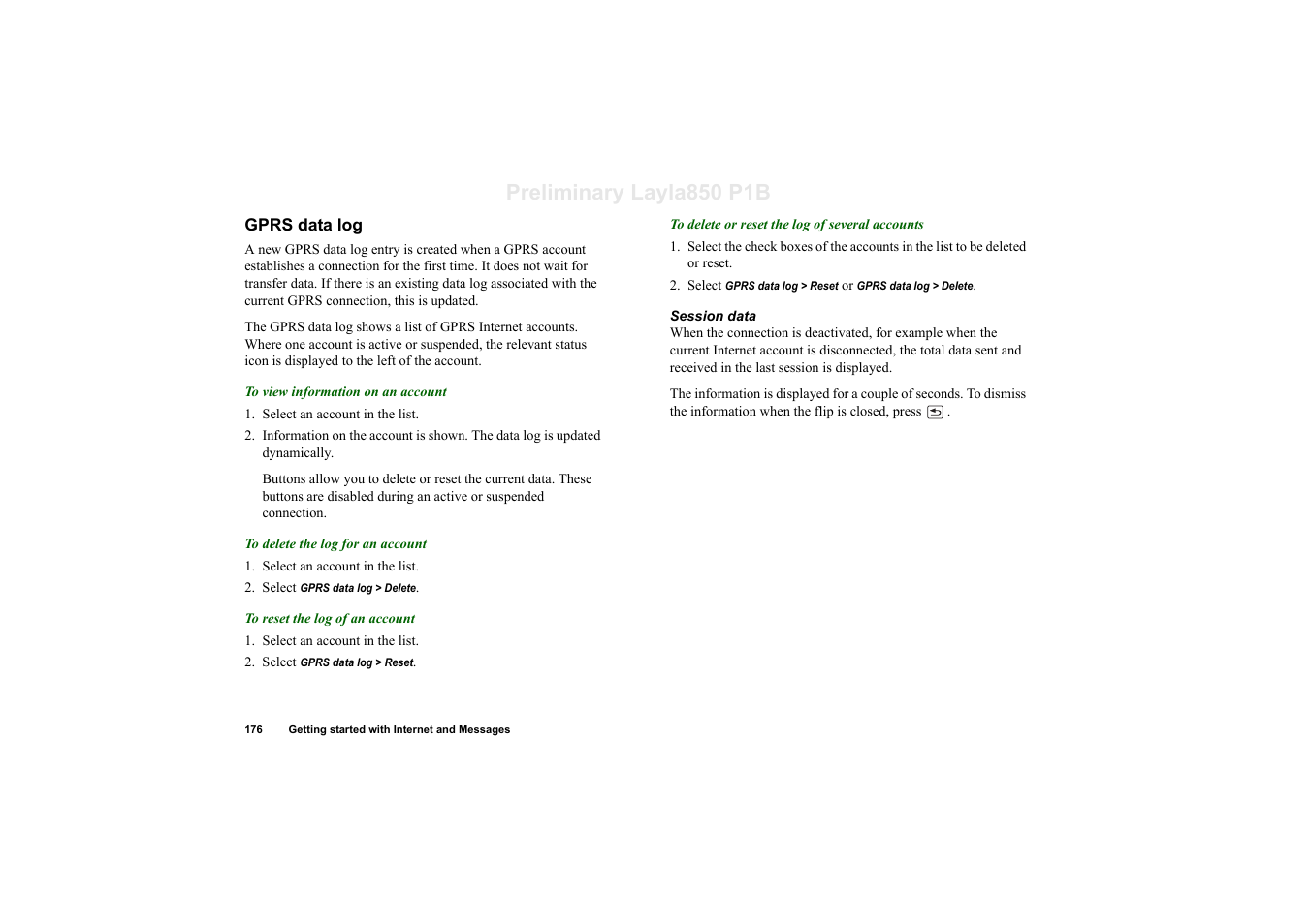 Gprs data log, Preliminary layla850 p1b | Sony Ericsson P910a User Manual | Page 176 / 203