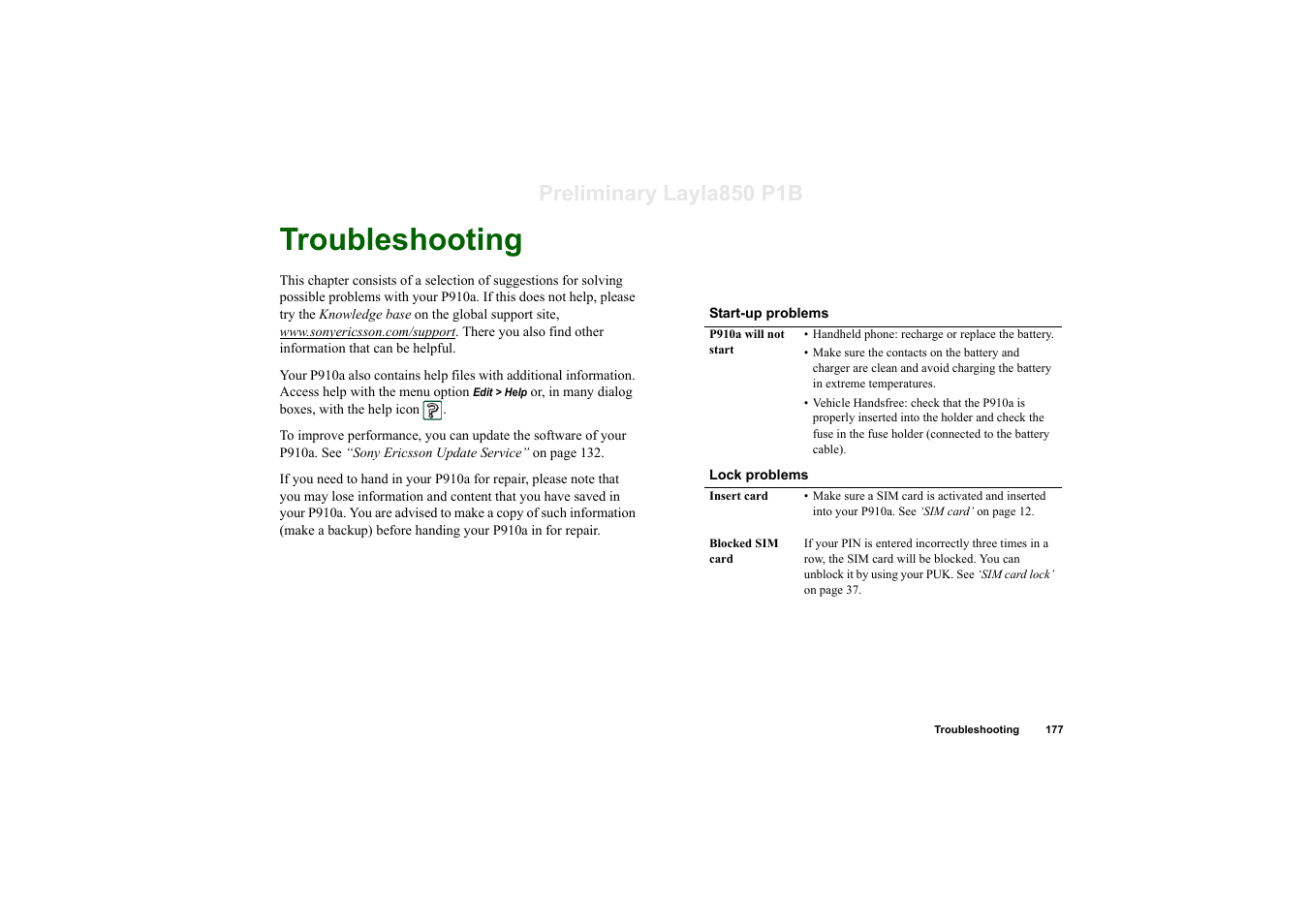 Eference, Troubleshooting, Preliminary layla850 p1b | Sony Ericsson P910a User Manual | Page 177 / 203